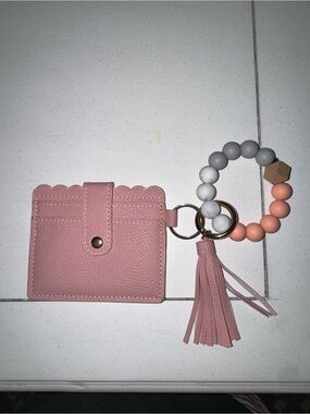 Pink Cardholder Wallet Keyring with Tassel and Beaded Wristlet